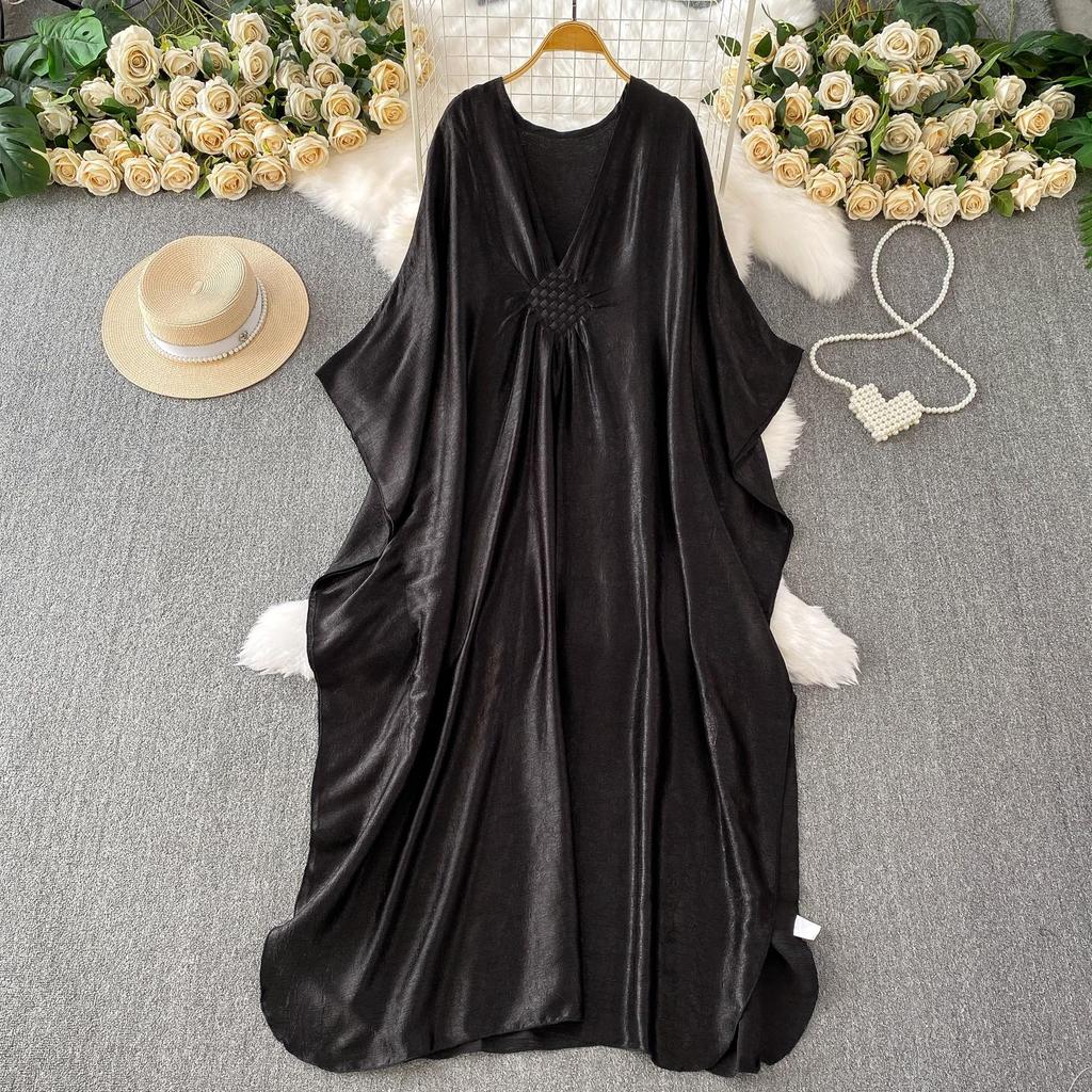 Vestido Feminino Longo de Cetim com Estampa Étnica Retrô, Decote V, Manga Sino, Corte Solto que Disfarça a Barriga, Emagrecimento, Temporada de Outono