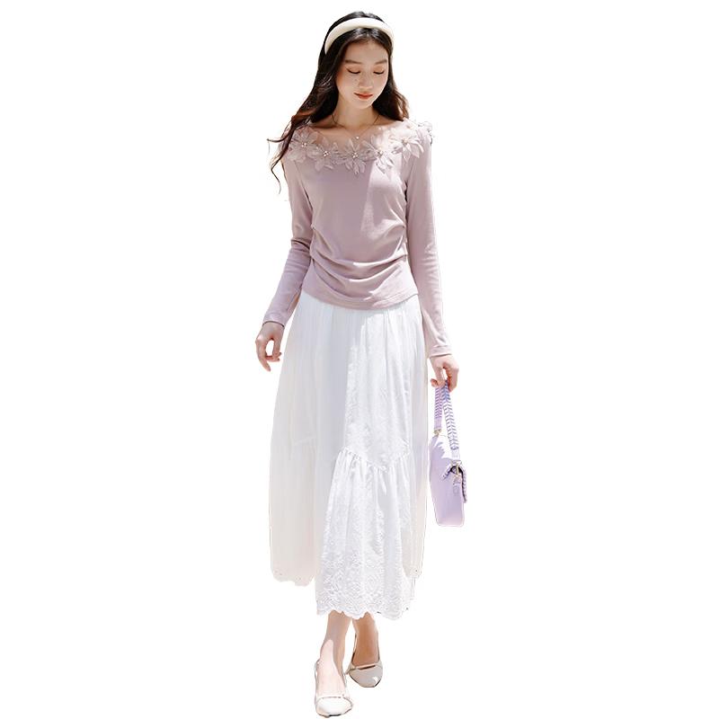Xiangying Women s Off-Shoulder 3D Floral Mesh Long Sleeve Slim Top S