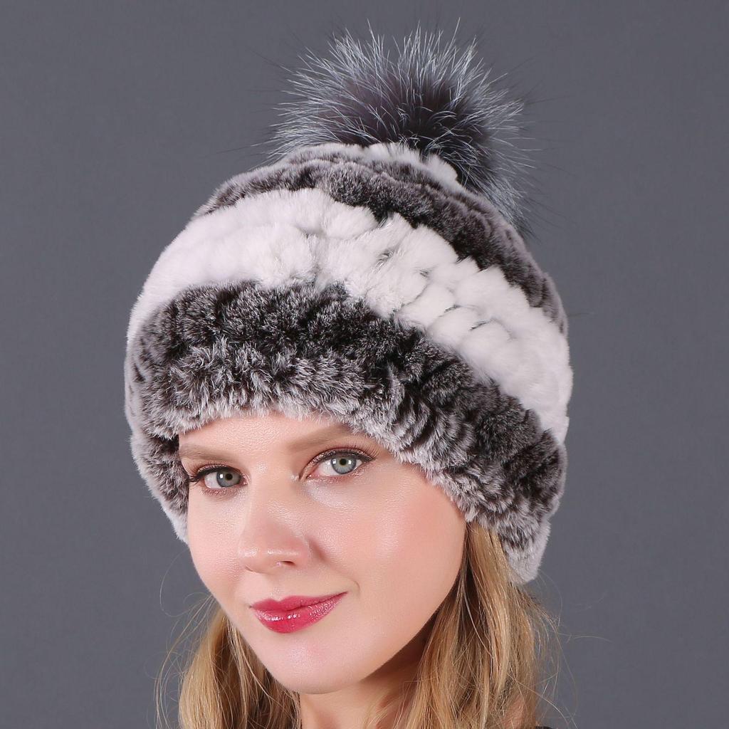 Women's Fur Hat with Rex Rabbit and Fox Fur Pompon for Autumn and Winter