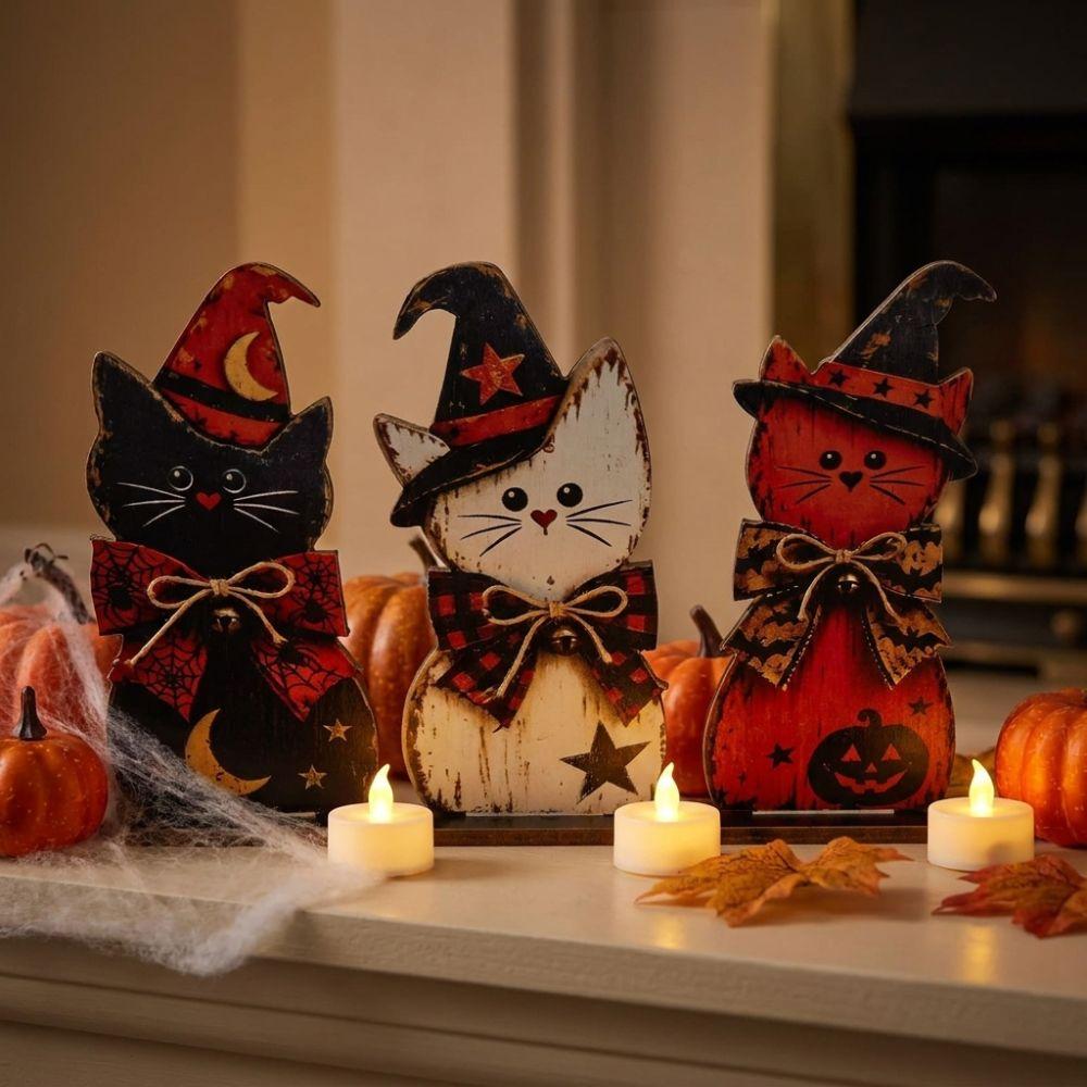 3Pcs Autumn Vintage Black Cat Tabletop Sign Retro Witch Hat Cat Table Ornament Halloween Atmosphere