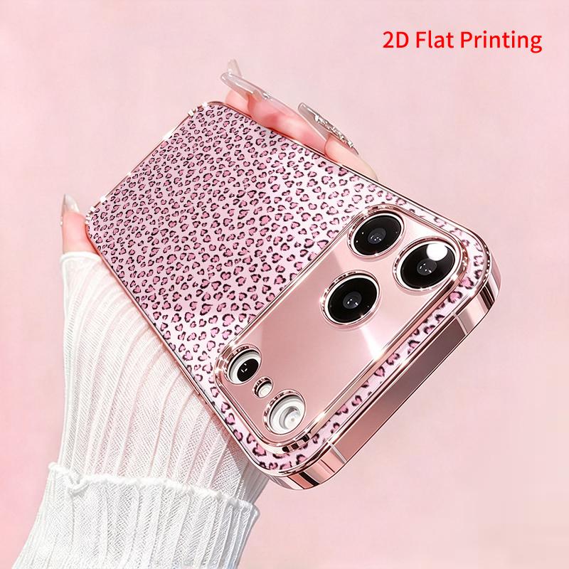 2DFlat electroplated tempered glass phone case,Pink Leopard Print Phone Case,suitable for iPhone 18 Pro Max 17 16 15 14 13 12 11