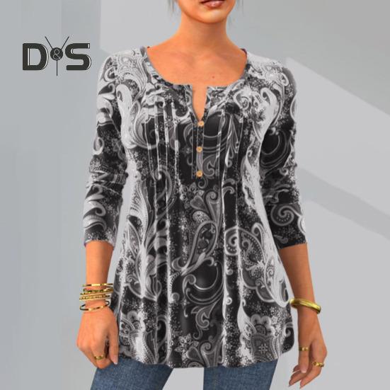 Women Fall Spring Top Vintage Print Round Neck Long Sleeve Button Mid Length A line Soft Pullover Lady Daily Blouse T shirt