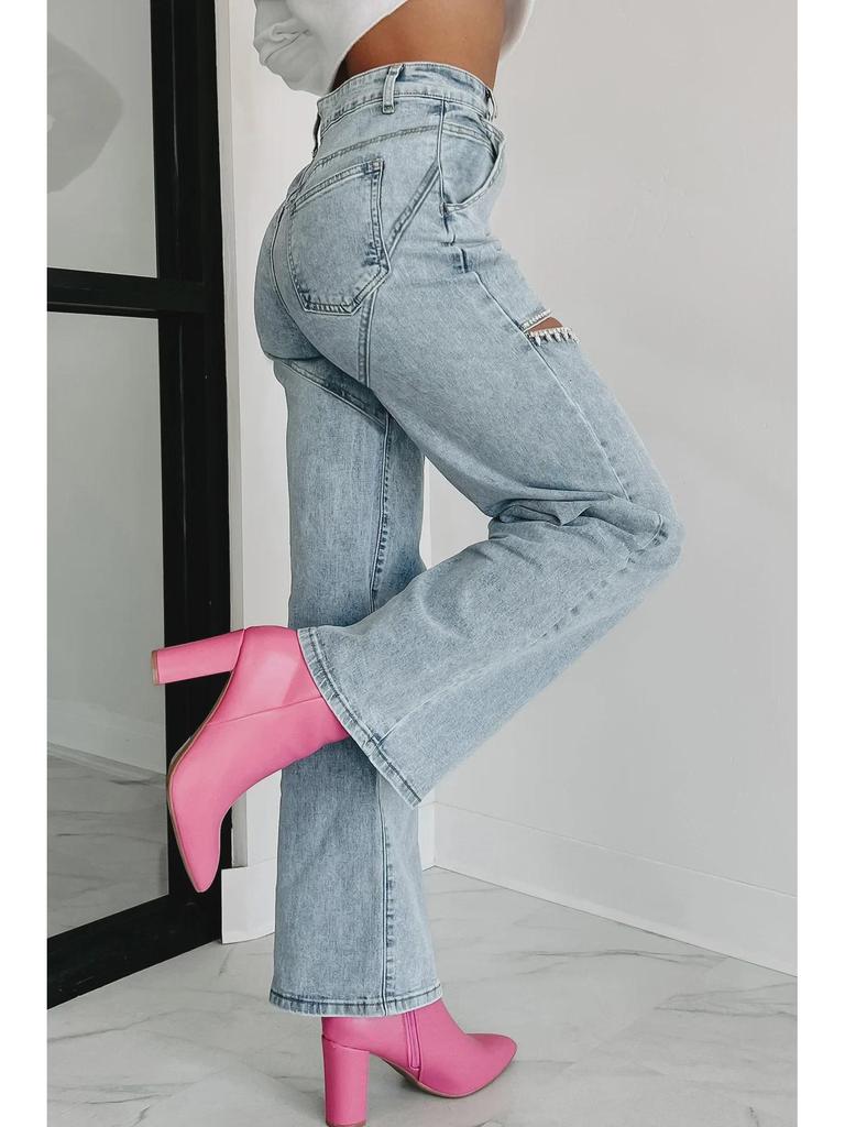 2025 Women's High Waist Straight-Leg Jeans with Chain and Washed Finish
