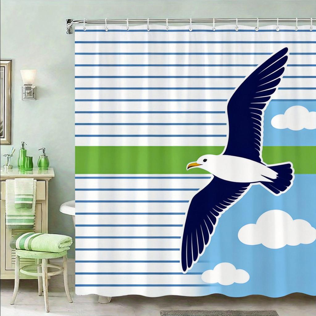 Nautical Shower Curtain 180x180cm – Navy Stripes with Anchor & Yellow Accent, Maritime Bathroom Decor, 12 Hooks