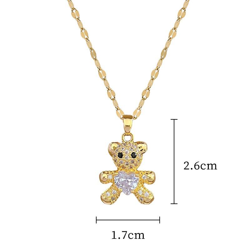 Cute Bear with Zircon Necklace Stud Earrings for Women Stainless Steel Chain Fashion Bear Jewelry Set Christmas Gifts