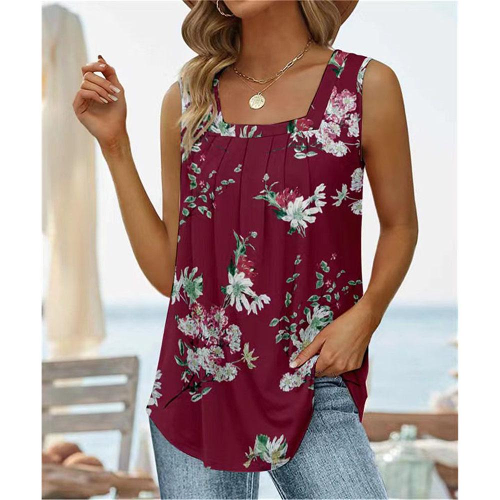 Summer Tank Tops for Women Loose Fit Pleated Square Neck Sleeveless Tops Curved Hem Flowy Tops