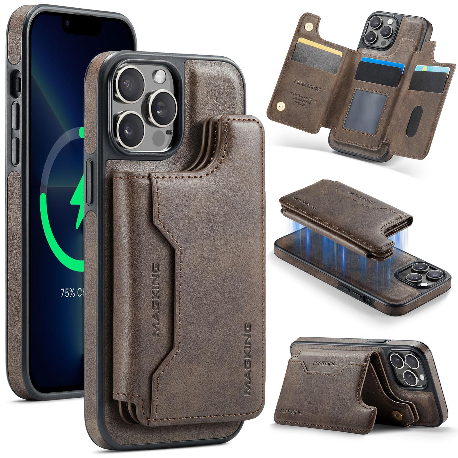 

MAGKING K3 Series For iPhone 13 Pro Max Case Compatible with MagSafe Wallet PC+TPU+PU Phone Cover Coffee