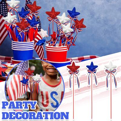 Unabhängigkeitstag Fünfzackiger Stern Dekoration Rot, Und Blau Fünf-Sterne Schleife Sternstab Stecker Amerikanischer Unabhängigkeitstag Party Dekoration