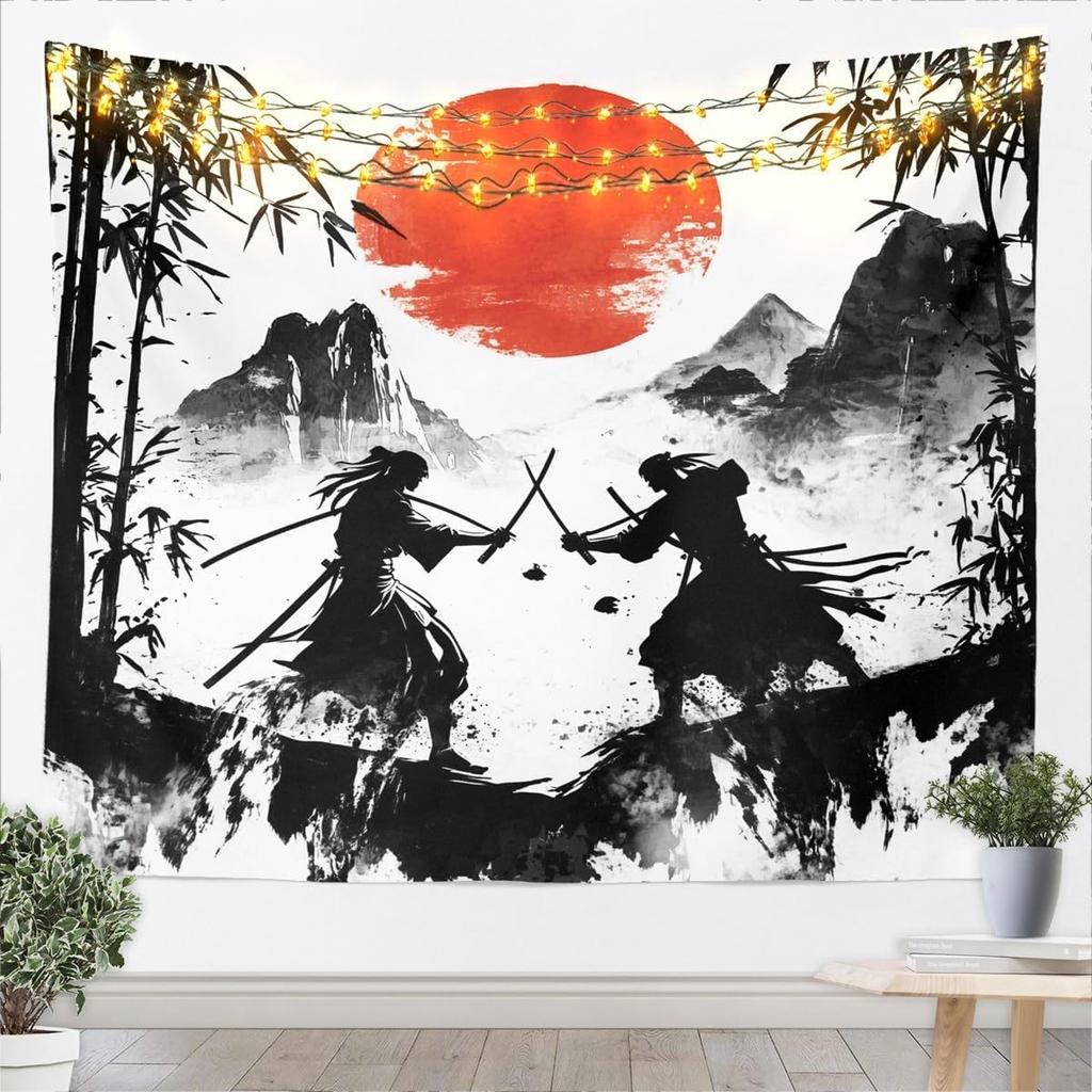 Japanischer Samurai Kampf Teppich Rote Sonne Bambus Krieger Anime Stil Wandbehang Polyester Heimdekoration Druck Kunst Poster Dekorat