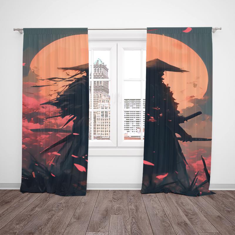 2pcs- Cherry Blossom Samurai Polyester Curtains, Pole Bag Curtains 42*84, Bedroom, Living Room, Home Room Decoration