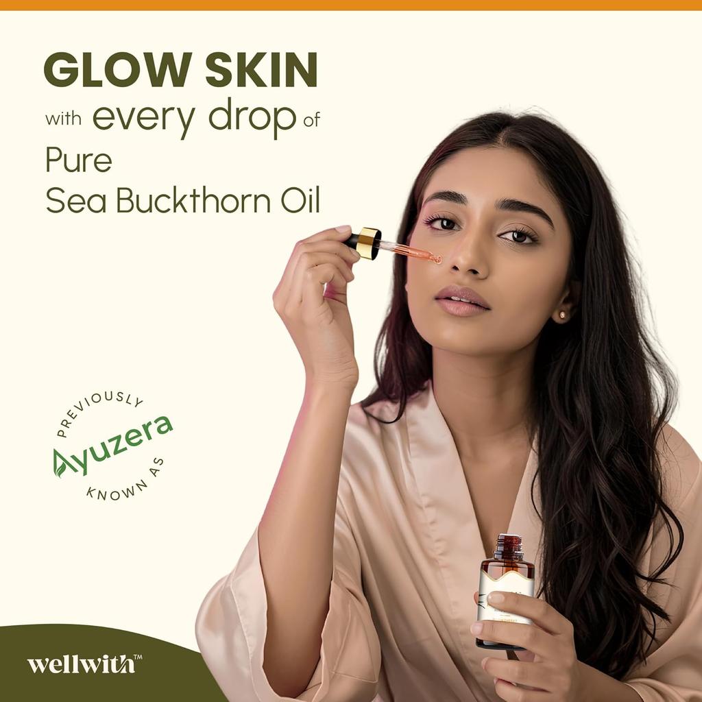 Wellwith (Ayuzera) Sea Buckthorn Berry Oil 10ml Face Hair Serum Nourishing Anti-Aging Omega 3 6 7 9 For Glowing Radiant Skin