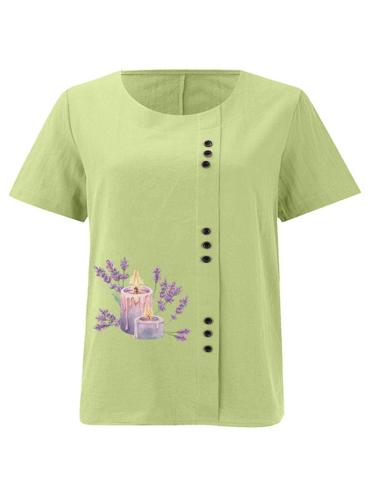 

Women s Fashion Purple Flower Candle Print Shot Sleeve T-shirt Loose Cotton Shirt Casual Loose Summer Blouse Tops Plus Size 5XL зелений