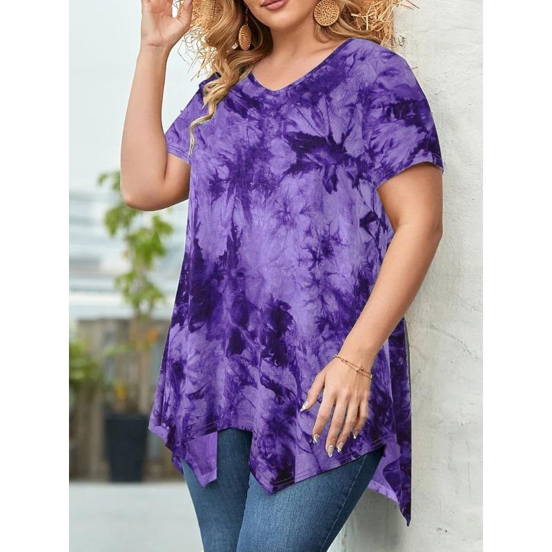 Large Size Fashion Tie-dye V-neck Hem Irregular Short Sleeved Blouse Loose O Neck Floral Top Summer Casual Office Sweet Tops Women's Clothing