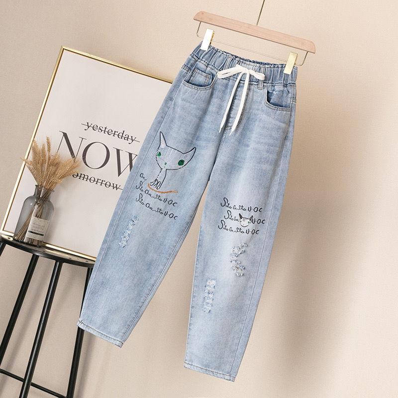 Embroidered Jeans Women's Loose Straight Tube Elastic Waist High Waist Spring and Autumn Cropped Pants
