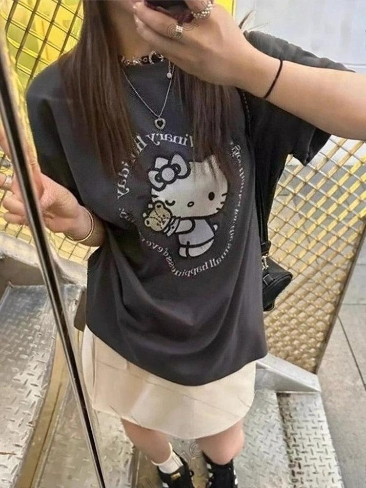 

Summer New Cartoon Hello Kitty Print Cotton Women Tshirt Short Sleeve Tees Casual Korean Trend Oversized Y2K Tops S