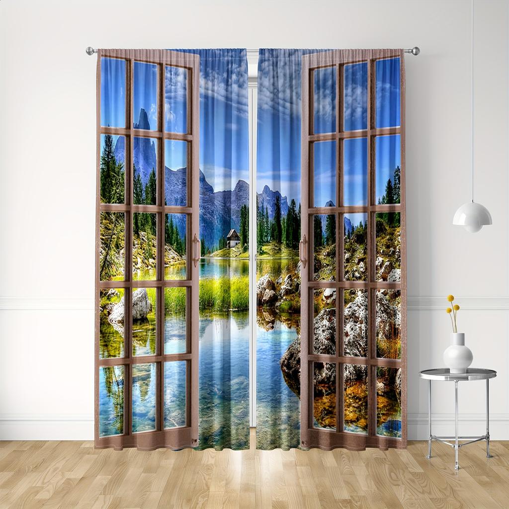 2pcs Waterfall Mountain And River Scenery Spring Window Print Curtain Digital Printed Curtain For Living Room Kitchen Bedroom