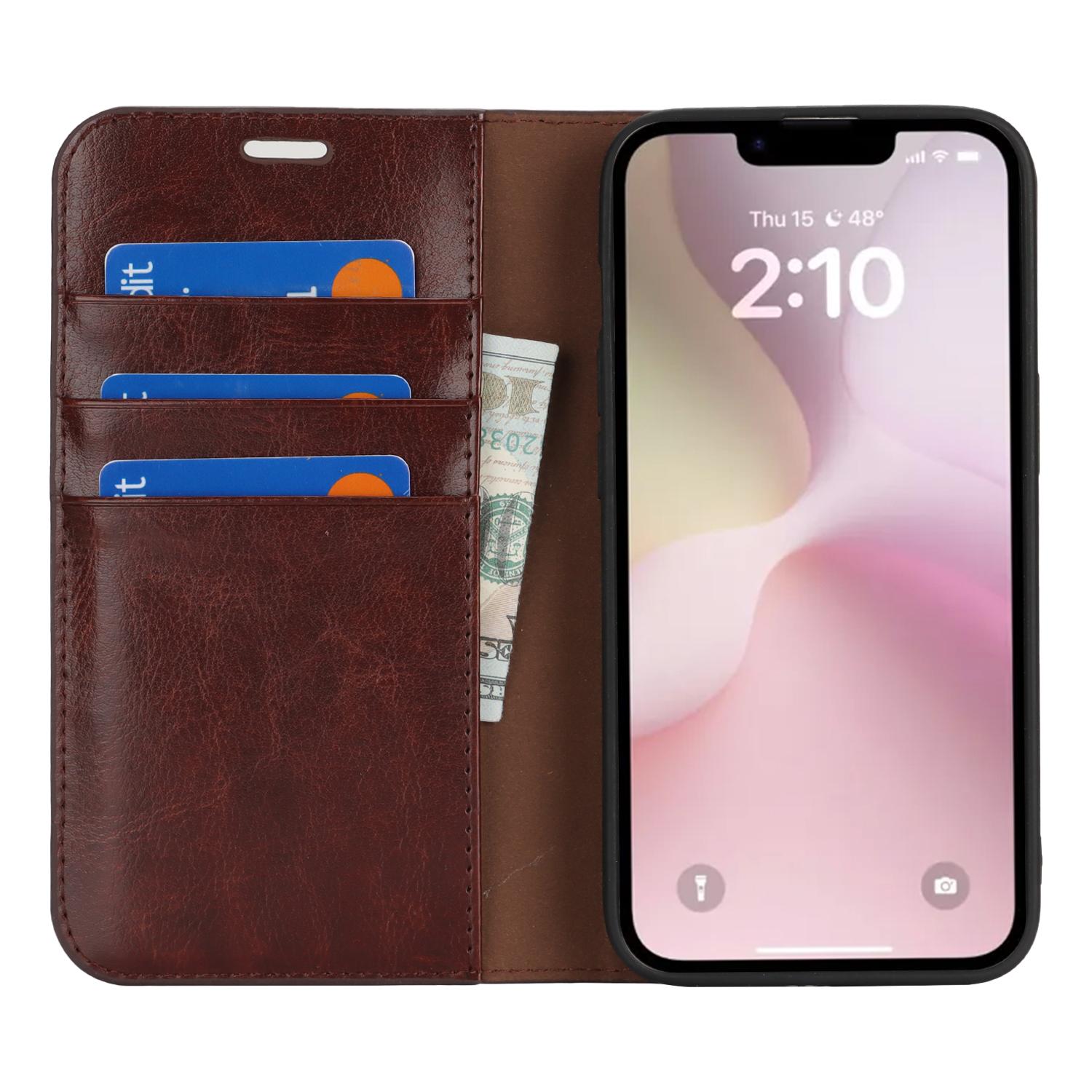 

For iPhone 16e Case Crazy Horse Texture Split Leather Wallet Phone Cover Dark Brown