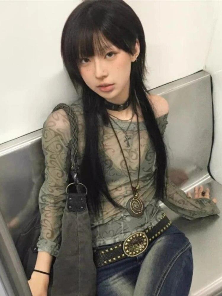 Vintage Print Slim Y2k Aesthetic T-Shirts Women Off Shoulder Sexy Harajuku Streetwear Tops Female Korean Fashion Designer Casual Clothes 2024 New