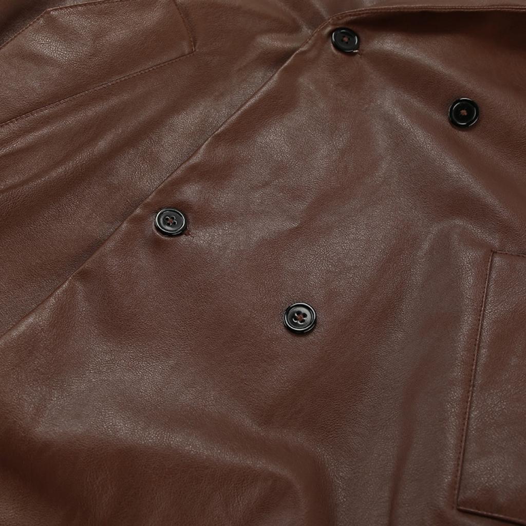 Winter Vintage Brown Leather Coat Women, European American High-end Loose Notched Lapel Mid-length Leather Jacket Outerwear