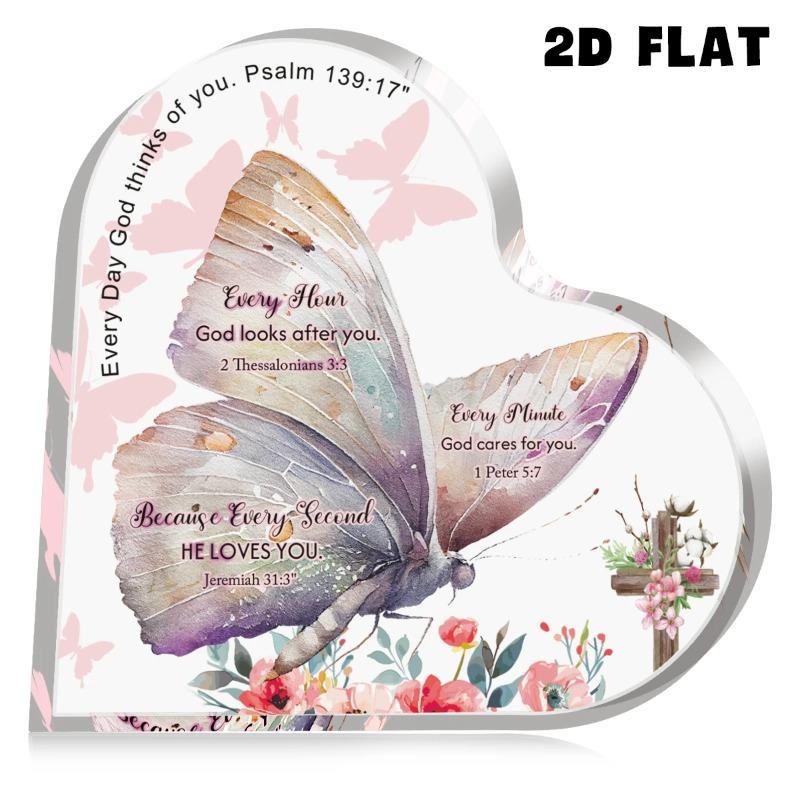 2D Flat Inspirational Heart-Shaped Acrylic Butterfly Bible Verse Desktop Decoration Plaque, Home Decor Plaque Hanging Wall Art Decorative Garden Decor