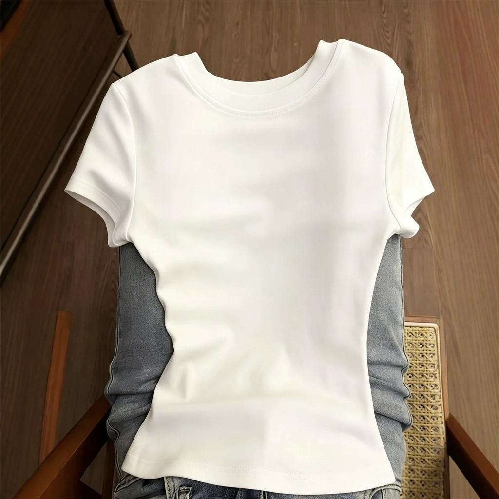 Simple niche design sense pure white round neck short-sleeved T-shirt summer slim and thin versatile casual top women's ins tide