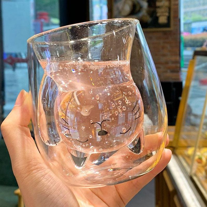 Cute Kitten Glass Coffee Mug, Double-Walled Glass Milk Mug. Perfect For Breakfast, Coffee, Juice, Or As A Holiday Gift