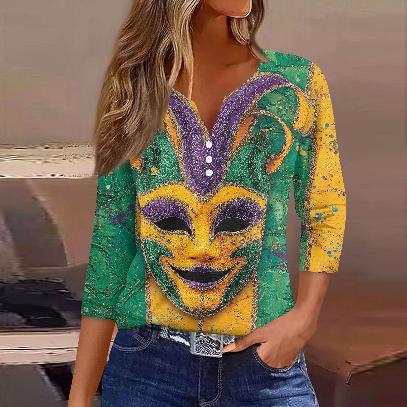 

Женская модная повседневная футболка с V-образным вырезом и рукавом семь четвертей, топ с карнавальным принтом и пуговицами XL жёлтый