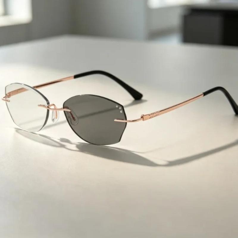 Ultra-Lightweight Frameless Photochromic Presbyopia Glasses Business-Style Small Frame Color-Changing Lenses Women ReaderEyewear