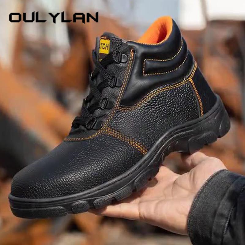 Oulylan Men Cowhide Waterproof Safety Shoes High-top Anti Piercing Work Boots Steel Toe Anti Smashing Labor Footwear 38-46