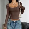 Spring Autumn Square Collar Solid Color Slim T-shirt Women Long Sleeve Y2K Elastic Bottomed Tee Pullover Top