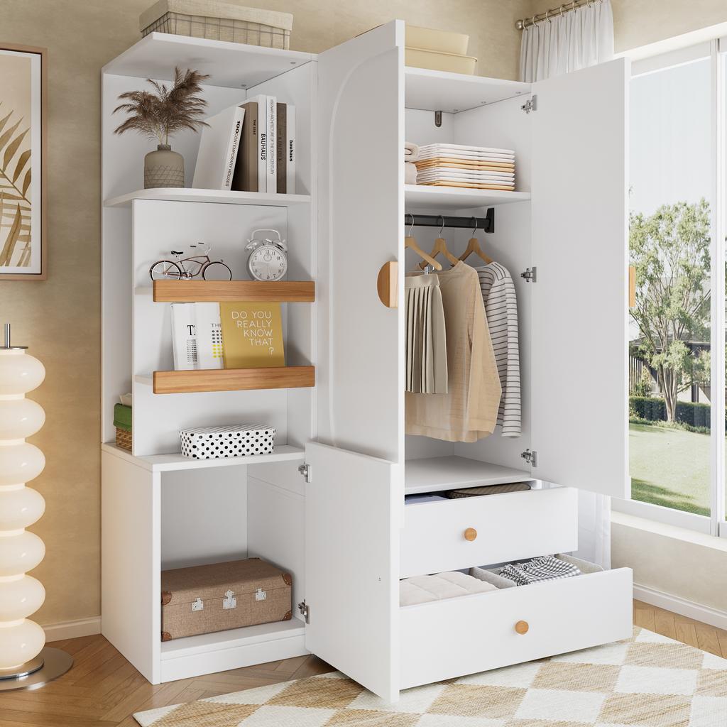 Wardrobe, Multipurpose Cabinet in White/Natural, with Drawers, Clothes Rail and Open Shelf Compartments for Bedroom, Teen Room and Hallway