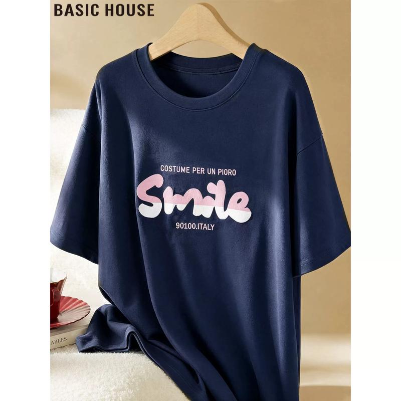 Basic House Women s Cotton Smile Print Round Neck T-Shirt XL