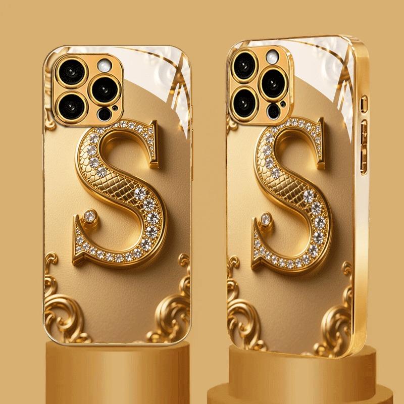 Golden Letter S Pattern Gold Metallic Paint Glass Phone Case For iPhone 17 16 15 14 13 12 11 Pro Max 16 15 Plus 17 Air 16E Cover