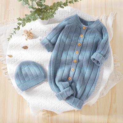 Herbst Winter Baby Strampler Mützen Set Einfarbig Gestrickter Overall Weicher, Ohne Knochen Body Jungen Mädchen Krabbelanzug Säuglingskleidung