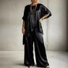 Completi Satinati da Donna 2 Pezzi Top a Manica Corta con Orlo Asimmetrico Pantaloni a Gamba Larga Set Estivi Larghi per il Tempo Libero