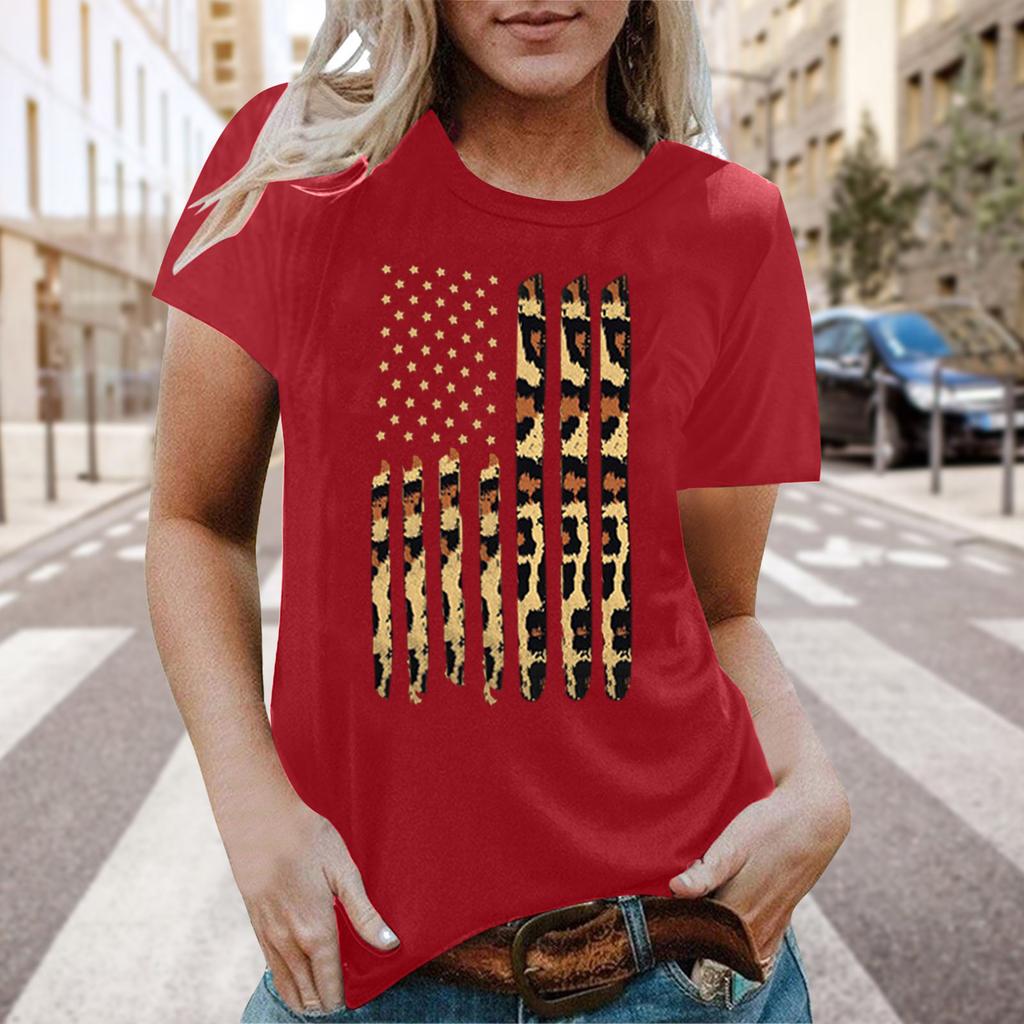 Real Shot Amazon Independence Station Cross-border European, American Independence Day Printed Short Sleeve Top Women's Summer Outer Bottom Shirt