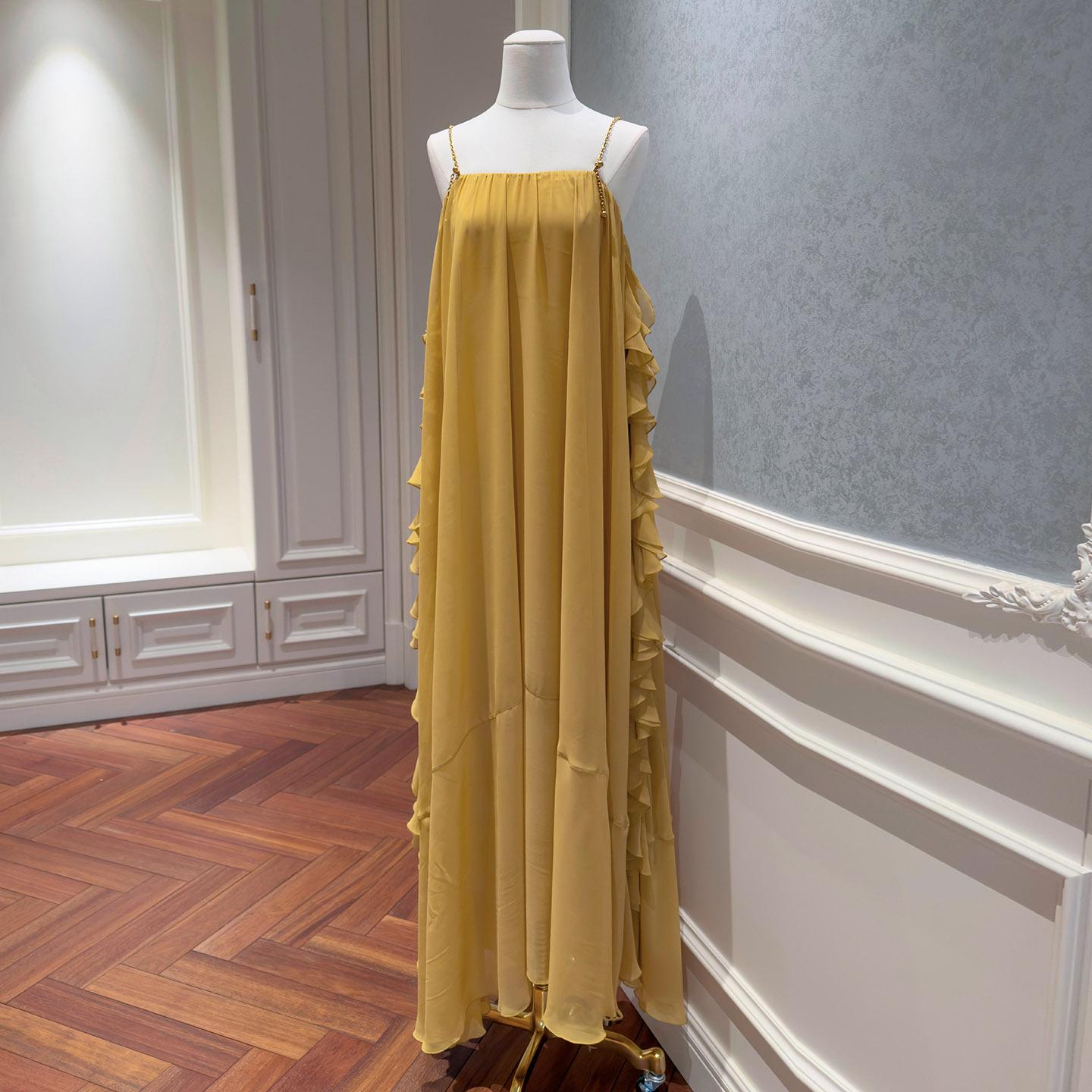 Elegant Yellow Spaghetti Strap Dress - French Style Summer Luxury Large