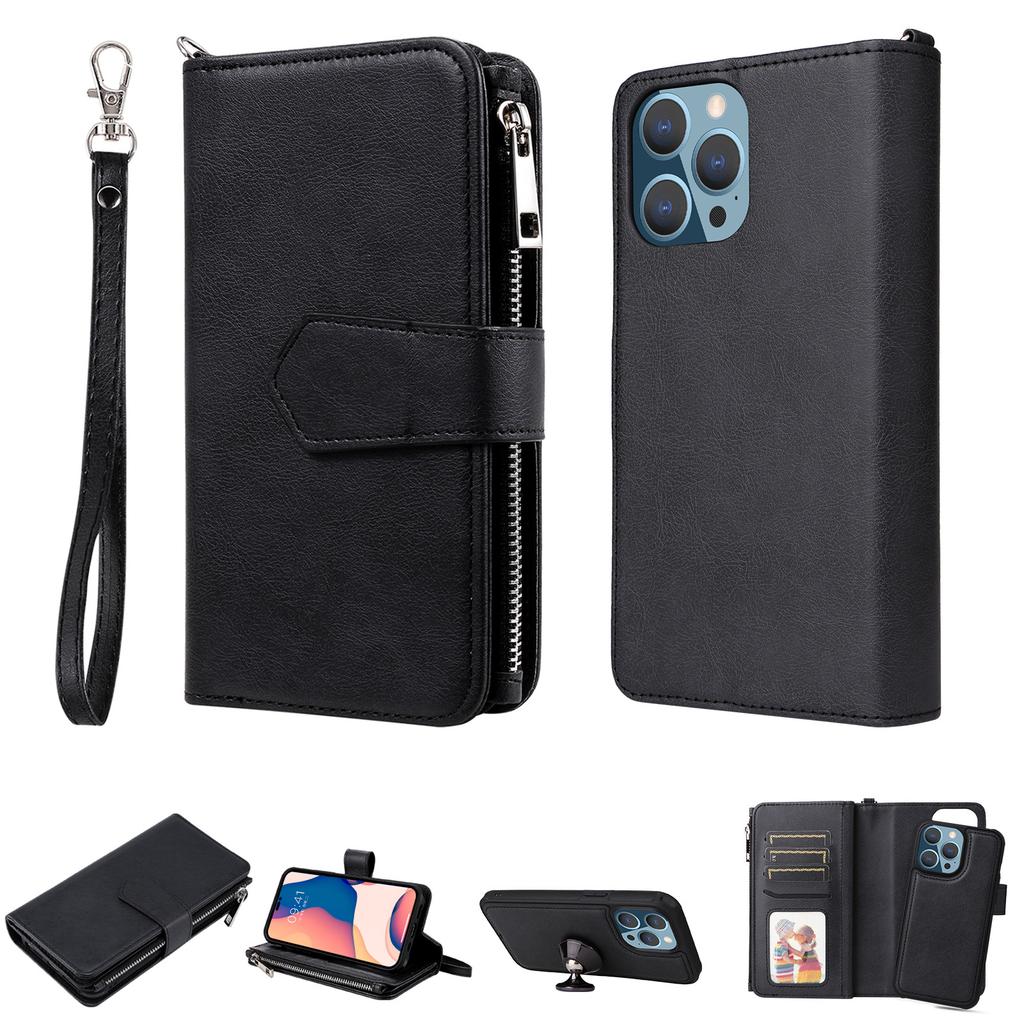 Suitable for iPhone15 mobile phone leather case 15plus solid color multi-function zipper wallet magnetic suction two-in-one case