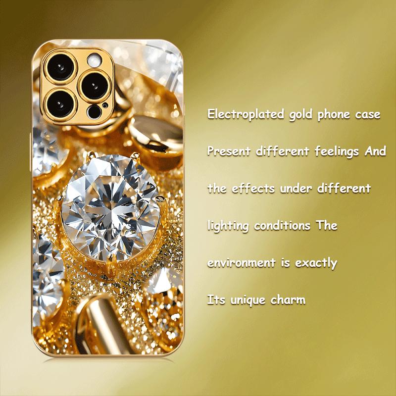 Sparkling Gold-Plated Diamond Jewelry New Electroplated Gold Tempered Glass Phone Case for iPhone 17 16 15 14 13 12 11,etc