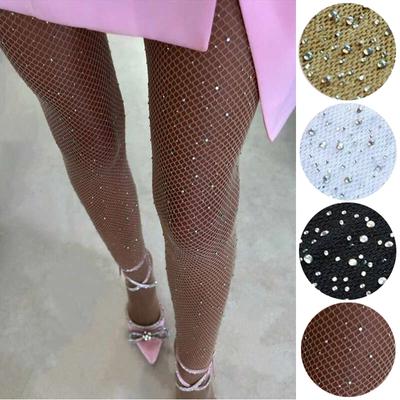 Collant a rete estivi con diamanti per donna, sexy, alla moda, lucidi, a rete, sottili, con strass, in nylon