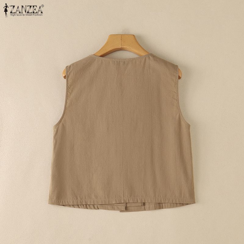 ZANZEA Women Casual V-Neck Solid Color Loose Sleeveless Cotton Tank Tops
