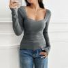 Women's Solid Casual Slim Fit Threaded U Neck Lace Long Sleeve T-Shirt