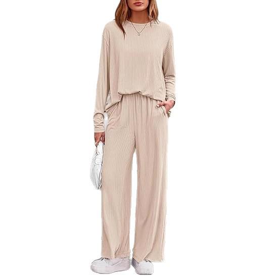 Women's Autumn 2-Piece Set: Long Sleeve Ribbed Knit Top & Wide Leg Pants - Casual & Postpartum Wear