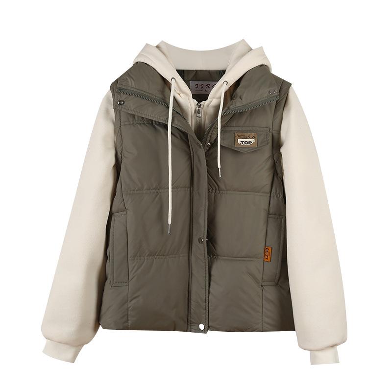 Winter New Velvet Jacket Short Versatile Korean Version Hooded Splicing Down Cotton Jacket