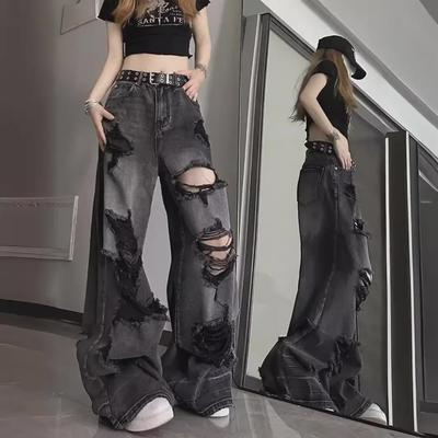 Women's Summer Distressed Ripped Jeans: High Street American Style, Wide-Leg, Loose Fit, Versatile Long Pants