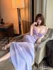 Elegant Purple Nightclub See-Through Gown with Push-Up Cups and Pearl Flower Accents - Mermaid Skirt Design