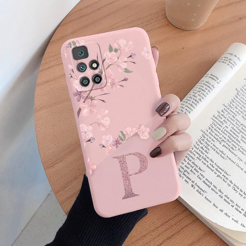 Initial Letter A Z Case For Redmi 10 4G Cover Pink Flower Soft Silicone Back Funda For Xiaomi Redmi10 Coque Bumper Couple Shell