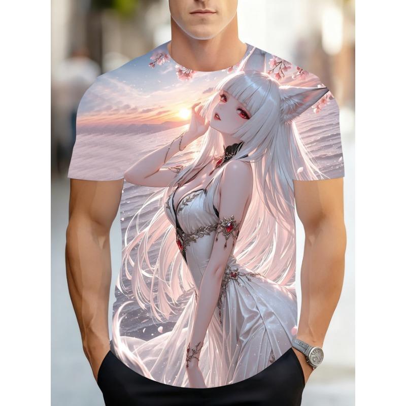 

Plus Size Men s Trendy 3D Fox Girl At Sunset 3D Crew Neck T-Shirt, S