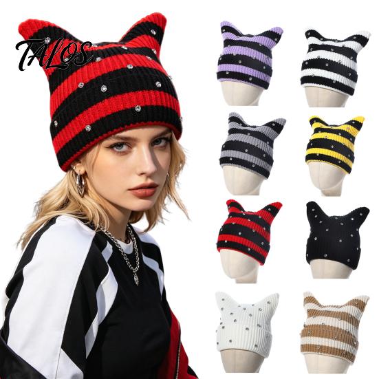 Elastic Crochet Knit Hat Cat Ear for Women Girls, Striped Slouchy Headgear Trendy Festival Fashion with Shiny Rhinestones, Cute Winter Warm