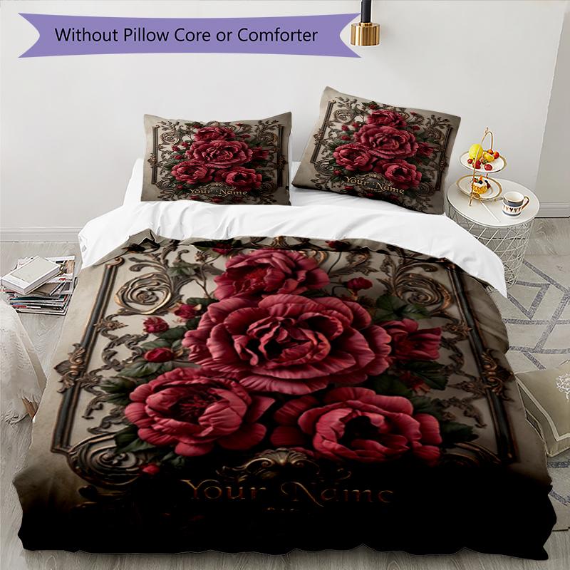3pcs Custom Name Floral Elegance Printed Bedding Set Duvet Cover Closure Includes 1 Duvet Cover & 2 Pillowcases, Soft and Comfortable for All Seasons.